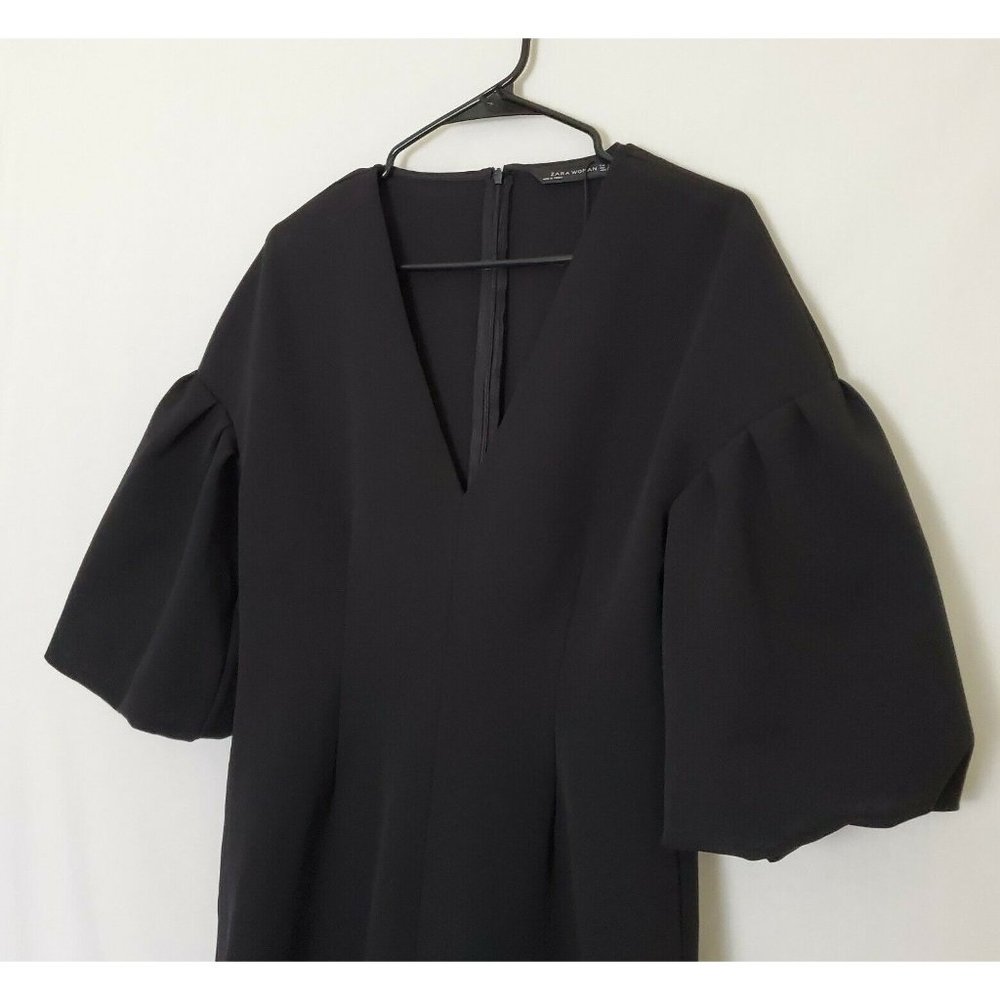 Zara Woman V Neck Big Puff Sleeve Midi Dress Size L Black - Picture 3 of 7